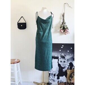 Forever 21 Green Satin Paisley Bowl Neck Midi Slip Dress Date Dressy Formal S